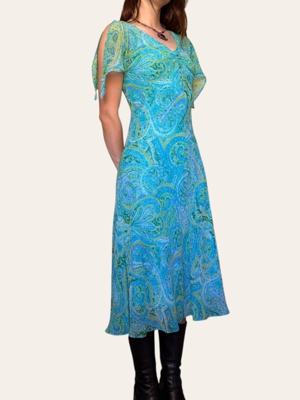 Y2k vintage Dressbarn blue/green paisley chiffon flutter sleeve fairy dress - Picture 3 of 8